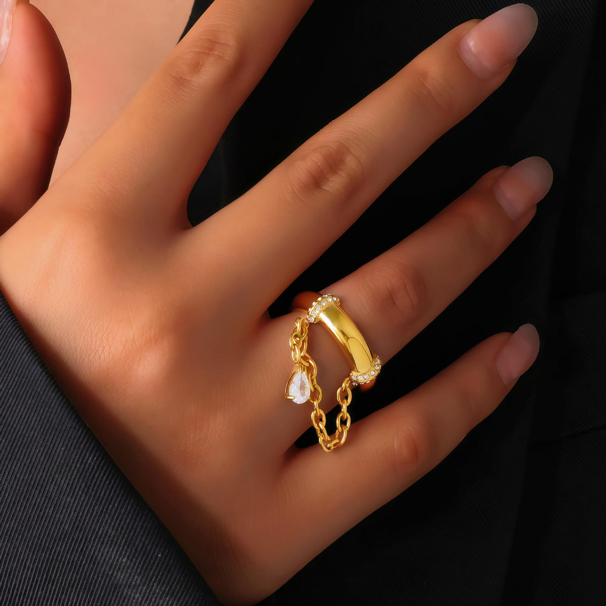Women's Personalized Drop-Shape Zircon Stone C269 Stainless Steel Chain Female Ring - Fashionable Exquisite Accessory, Simple Versatile Non-Fading Costume Jewelry