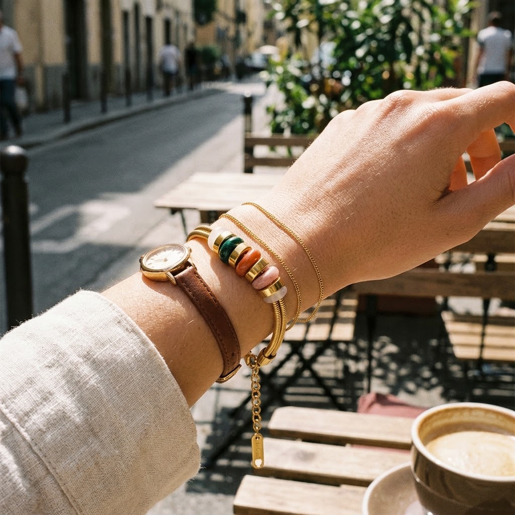 18K Gold Plated Double Snake Chain Bracelet, Natural Stone Beaded Waterproof Stainless Steel Bracelet, Adjustable Stackable Boho Bracelet for Women