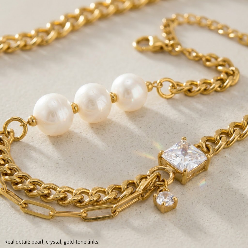 18K Gold Plated Stainless Steel Double Layer Curb Chain Necklace, Freshwater Pearl & Square CZ Crystal Stacked Necklace, Waterproof Hypoallergenic Statement Necklace for Women