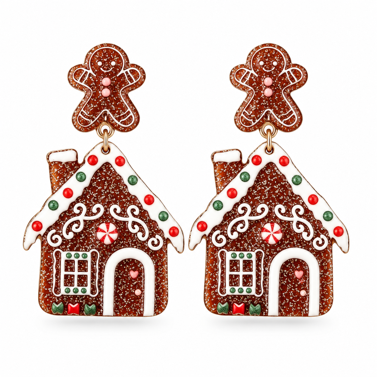 Glitter Gingerbread House & Gingerbread Man Dangle Earrings for Women, Cute Christmas Drop Earrings, Festive Xmas Holiday Party Statement Jewelry Gift