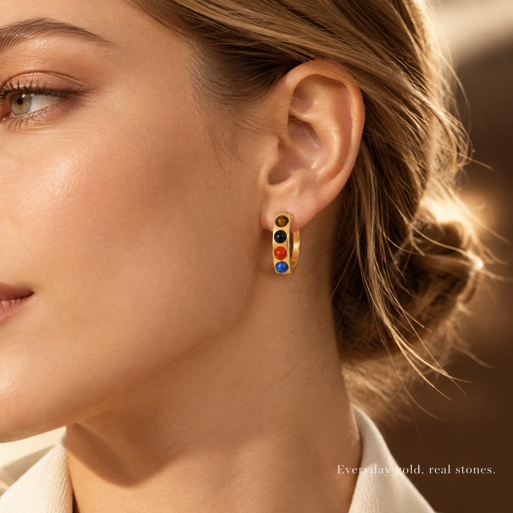 Gold Stainless Steel Huggie Hoop Earrings for Women, Colorful Natural Stone Inlaid Chunky Hoop Earrings, Waterproof Hypoallergenic Statement Jewelry, 2 Styles Available