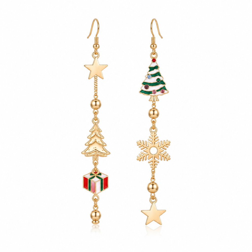 Mismatched Christmas Dangle Earrings for Women, Gold Plated Enamel Santa Gift Box Long Drop Earrings, Festive Xmas Holiday Party Jewelry Gift