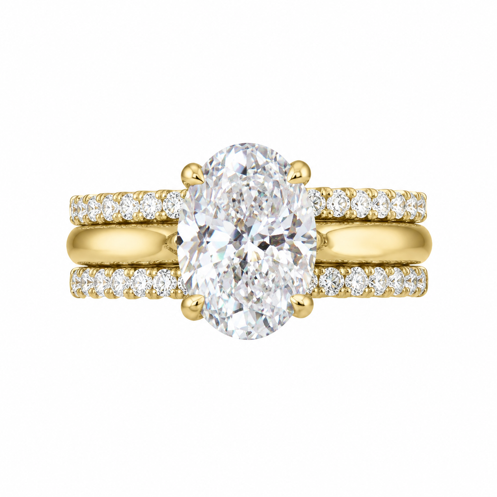 18K Gold Plated Oval Cubic Zirconia Engagement Ring Set, 3 Piece Stackable Wedding Band for Women