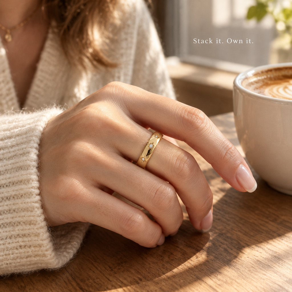 Starburst CZ Diamond Gold Band Ring, Stainless Steel Waterproof Stackable Minimalist Ring for Women