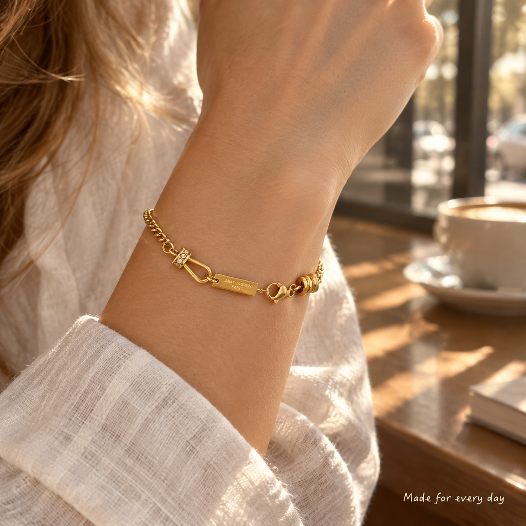 Gold Cuban Link Tag Bracelet, Stainless Steel Waterproof Toggle Clasp Dainty Bracelet for Women