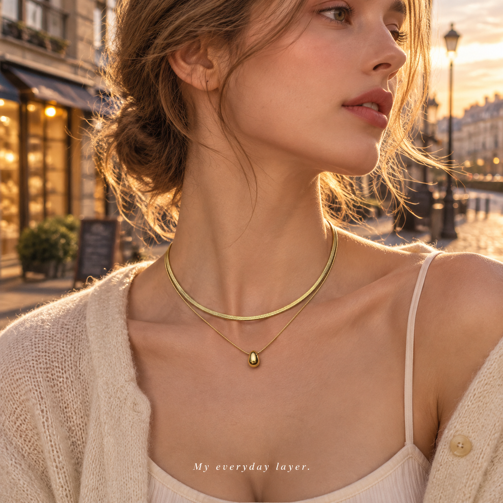 Double Layer Gold Snake Chain Teardrop Pendant Necklace, 316L Stainless Steel Waterproof Stack Choker Necklace for Women