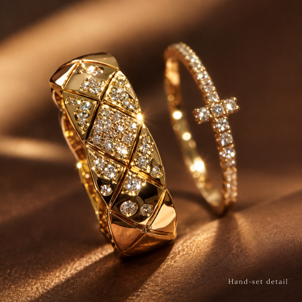 Gold Stackable Ring Set, Rhinestone Quilted Wide Band & Cross Ring, 2 Pcs Sparkly Stacking Rings for Women
