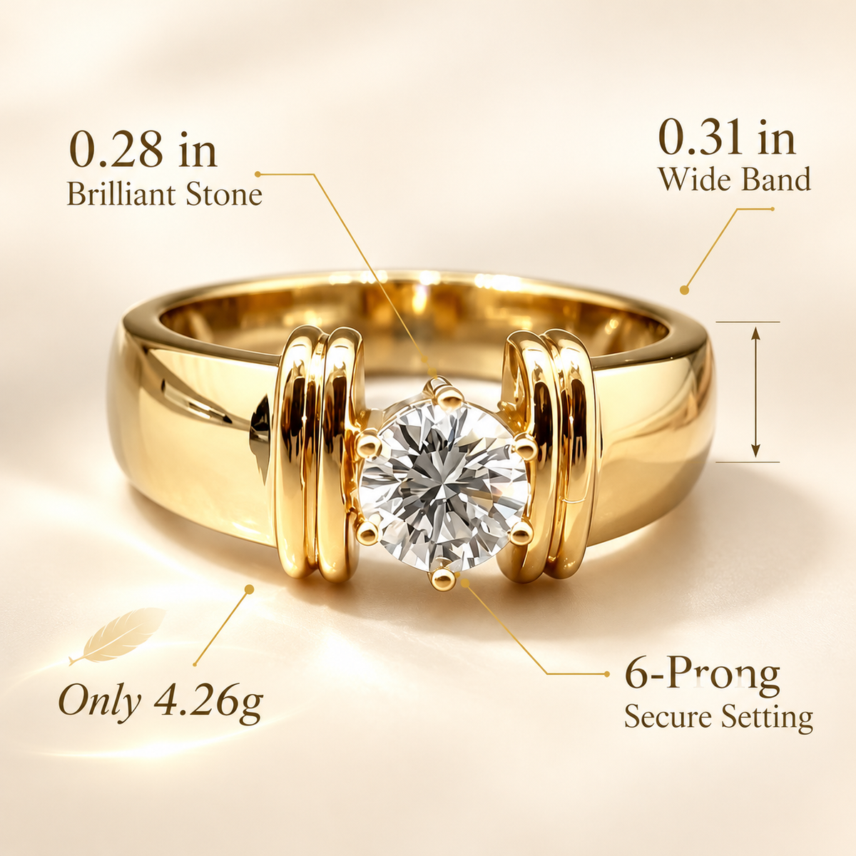 Gold Wide Band Solitaire Ring, Statement CZ Crystal Ring, Bold Chunky Gold Plated Ring for Men Women, Trendy Fashion Jewelry Gift