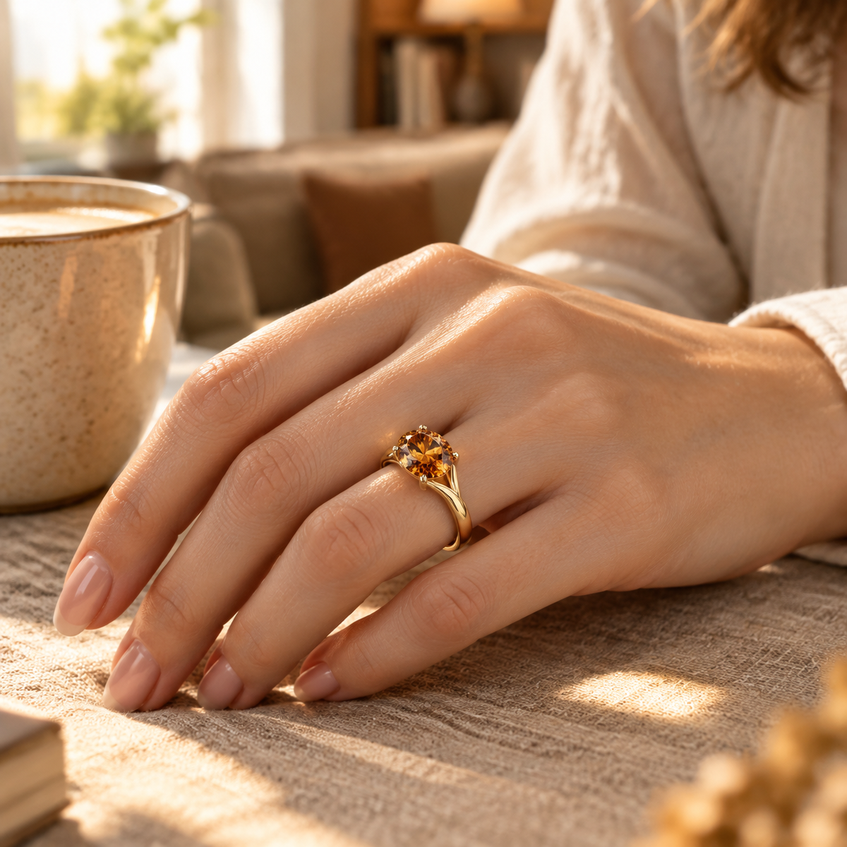 Gold Plated Oval Amber CZ Solitaire Ring, Dainty Yellow Crystal Statement Ring, Elegant Everyday Fashion Ring for Women, Jewelry Gift