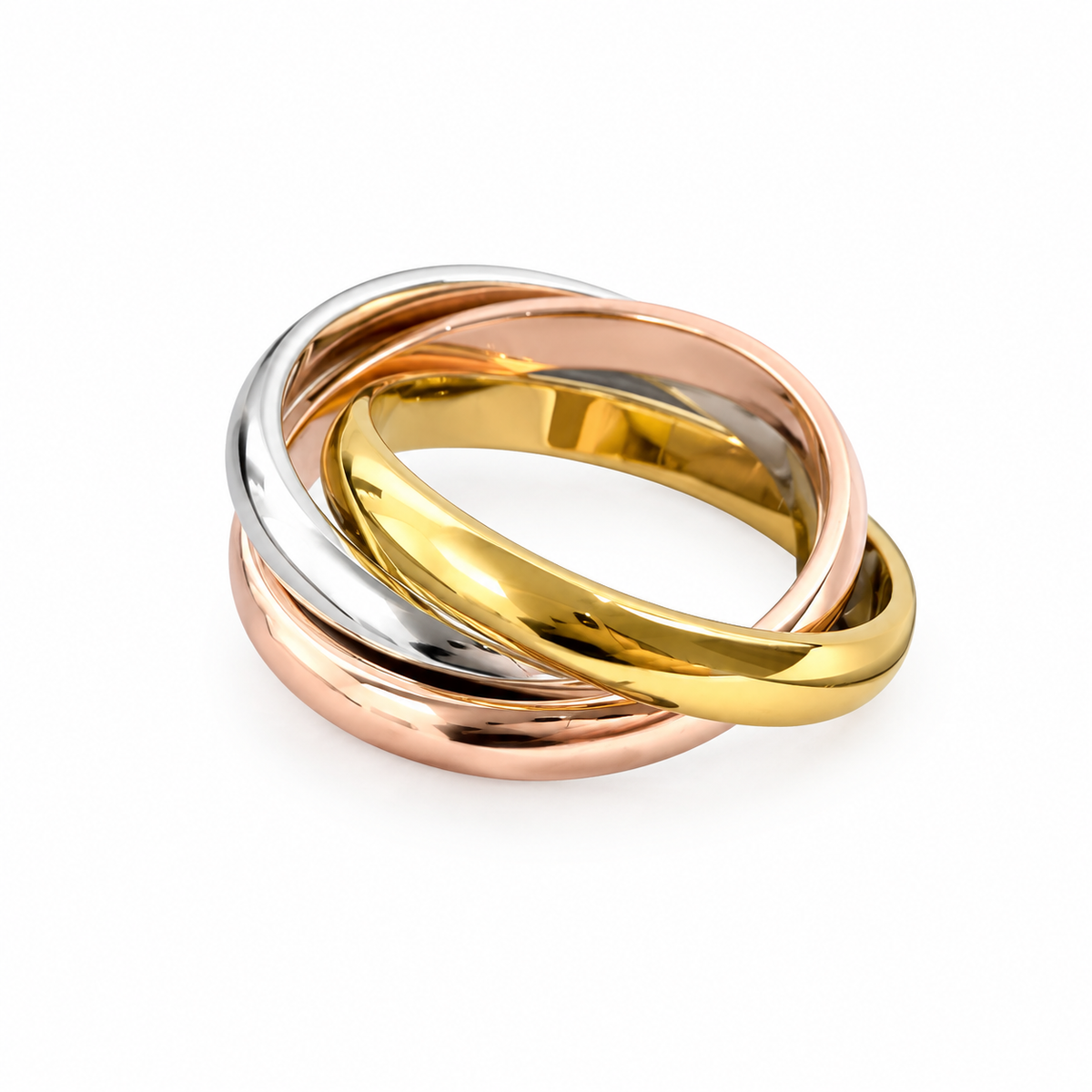 Three Tone Interlocked Rolling Ring, Gold Silver Rose Gold Trinity Band Ring, Classic Triple Intertwined Ring, Unisex Fashion Stackable Jewelry Gift