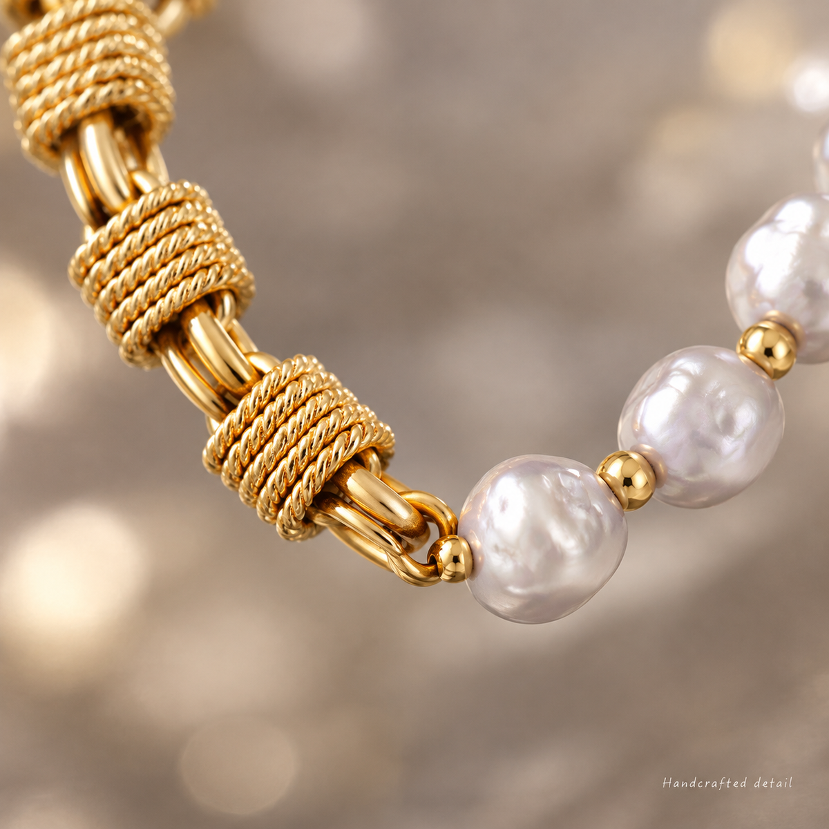 18K Gold Plated Hand-Woven Chain Baroque Pearl Bracelet for Women, Waterproof Stainless Steel Irreal Pearl Bracelet, Vintage Everyday Stackable Jewelry