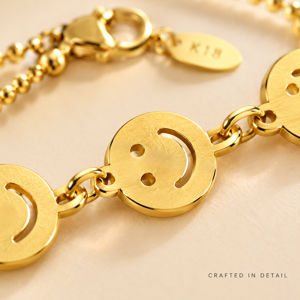 18K Gold Plated Double Layer Smile Face Bracelet for Women, Waterproof Stainless Steel Cute Happy Face Dainty Stackable Bracelet, Minimalist Daily Jewelry