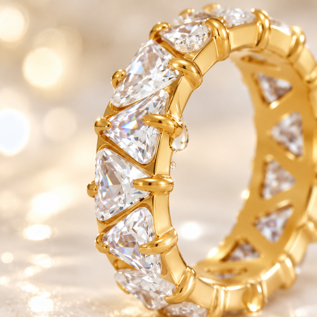 Rainbow Triangle CZ Eternity Ring, 18K Gold Plated Full Band Stackable Statement Ring for Women, Colorful & Clear Zircon Wedding Band Jewelry Gift