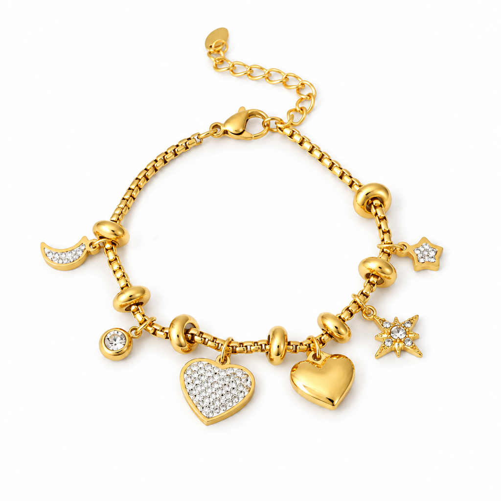 18K Gold Plated Moon Star Heart Charm Bracelet, Pave CZ Dangle Beaded Bracelet, Adjustable Stackable Women’s Fashion Jewelry Gift