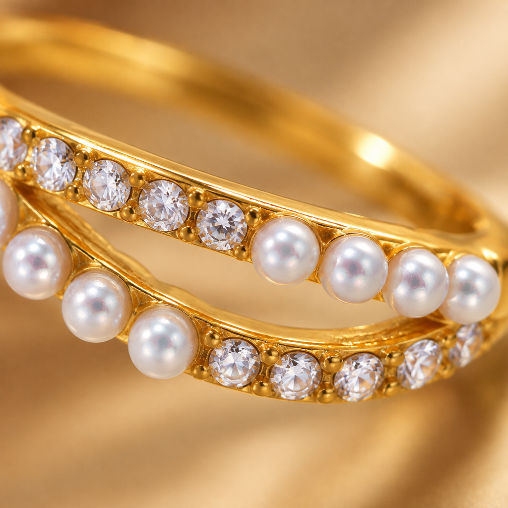 18K Gold Plated Double Band Pearl Ring, Pink & Clear CZ Inlaid Twist Stackable Ring, Elegant Freshwater Pearl Statement Ring for Women