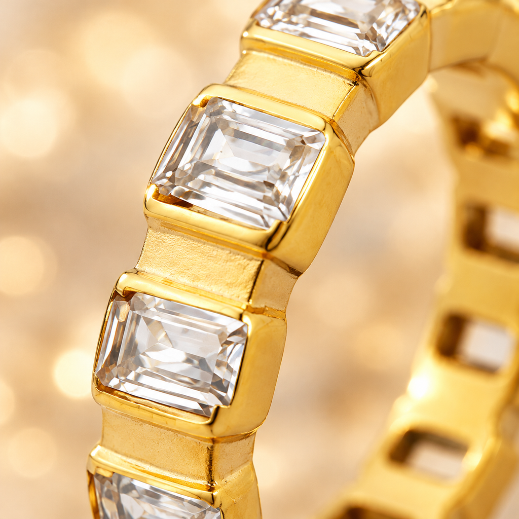 18K Gold Plated Baguette CZ Eternity Ring, Rectangle Cut Cubic Zirconia Stackable Band Ring for Women