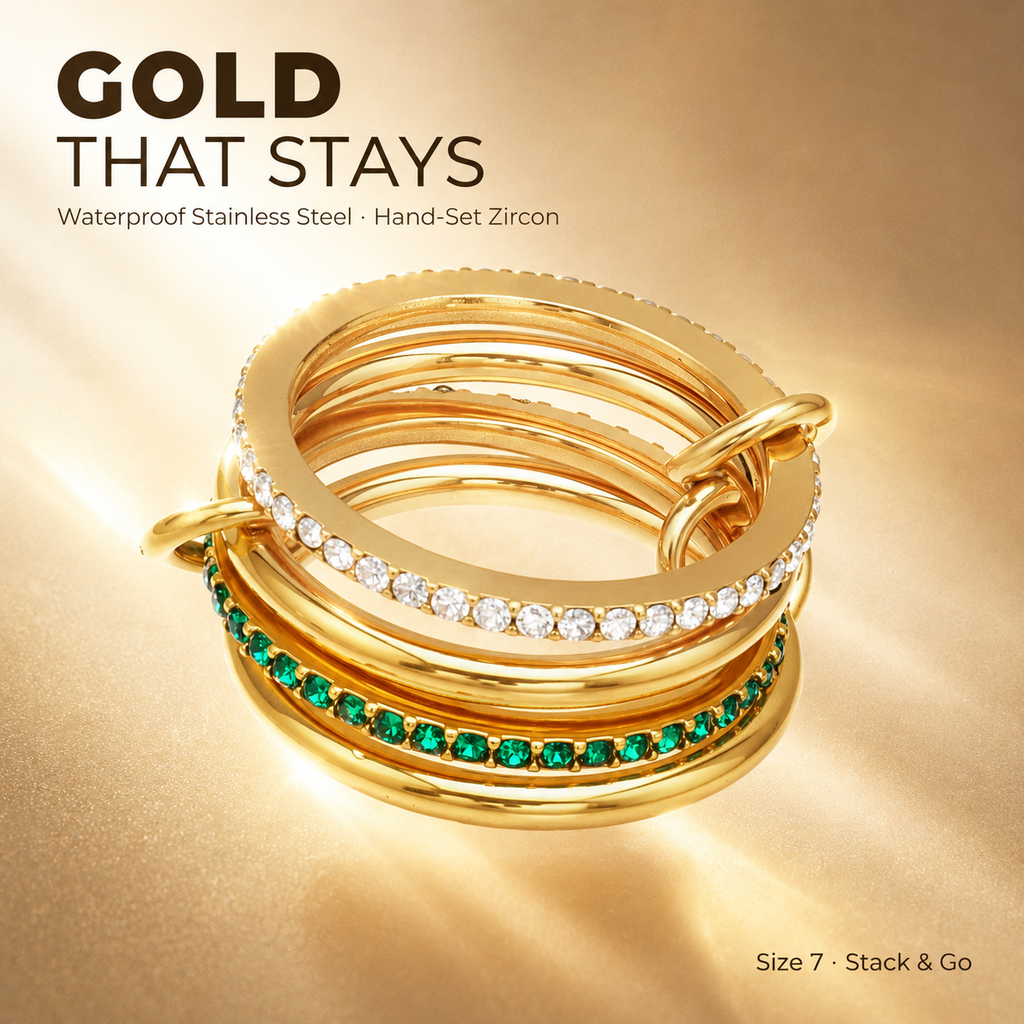 18K Gold Plated Interlocking Multi Band Ring, Lock & Key Charm Ring, Pave CZ Stainless Steel Statement Ring for Women, 3 Styles Available
