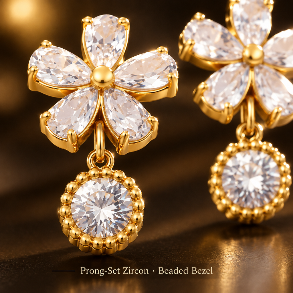 Gold Zircon Flower Drop Earrings, Sparkly Five-Petal Flower Dangle Earrings, Stainless Steel Statement Earrings for Women