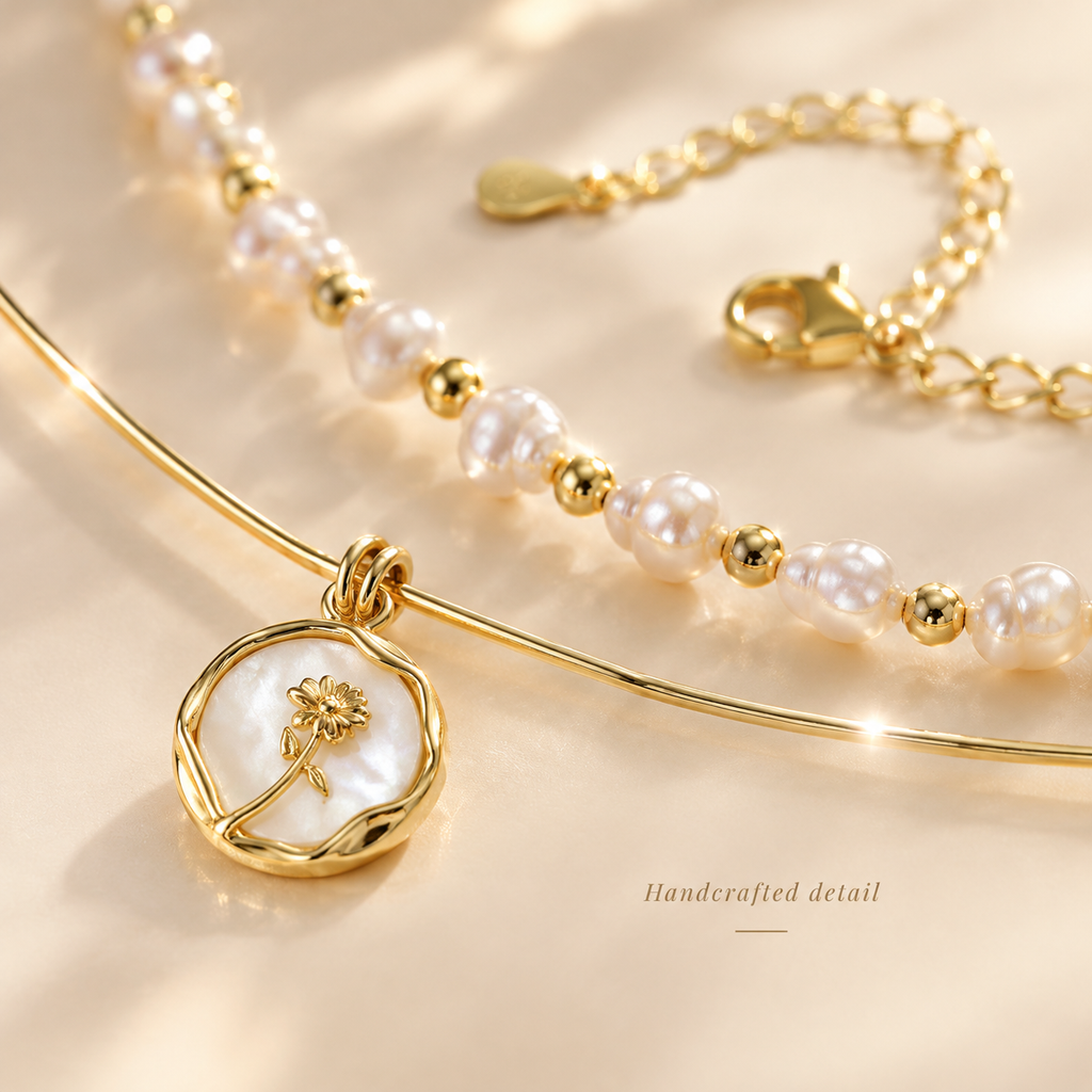 Double Layer Pearl Necklace, Gold Dainty Beaded Pearl Choker with Flower Shell Pendant, Stainless Steel Layered Necklace for Women