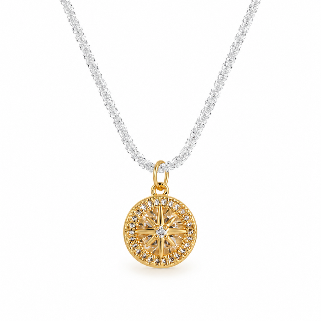 Sparkle Sunburst Crystal Pendant Necklace, Gold North Star Medallion Necklace, Shimmer Beaded Chain Stainless Steel Necklace for Women