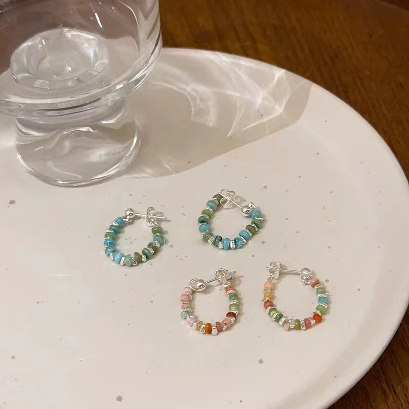Colorful beaded broken silver earrings