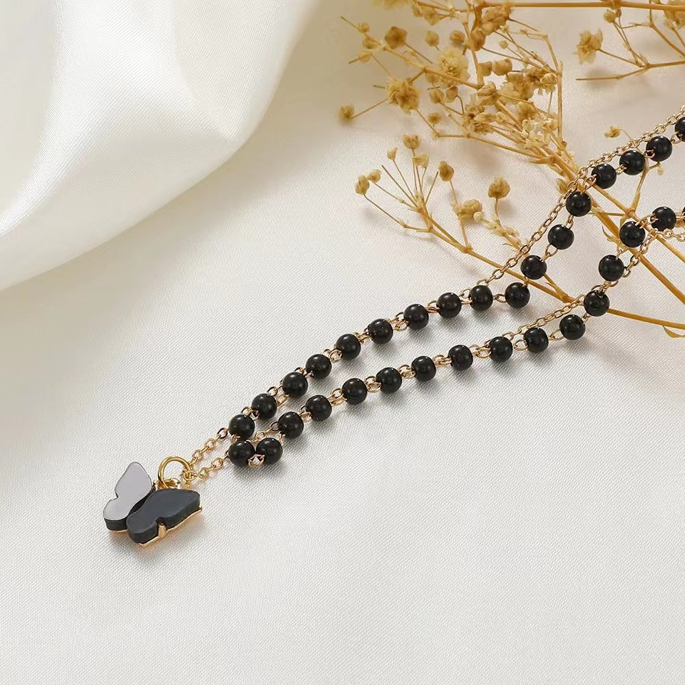 Black beads retro 2 layers ladies necklace
