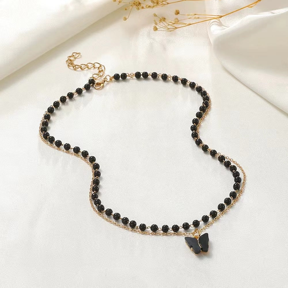 Black beads retro 2 layers ladies necklace