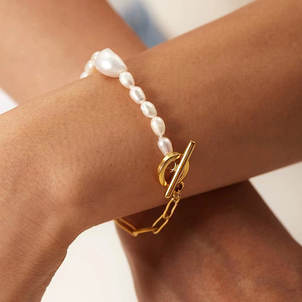 18K gold plating chain+enuine freshwater pearls bracelet