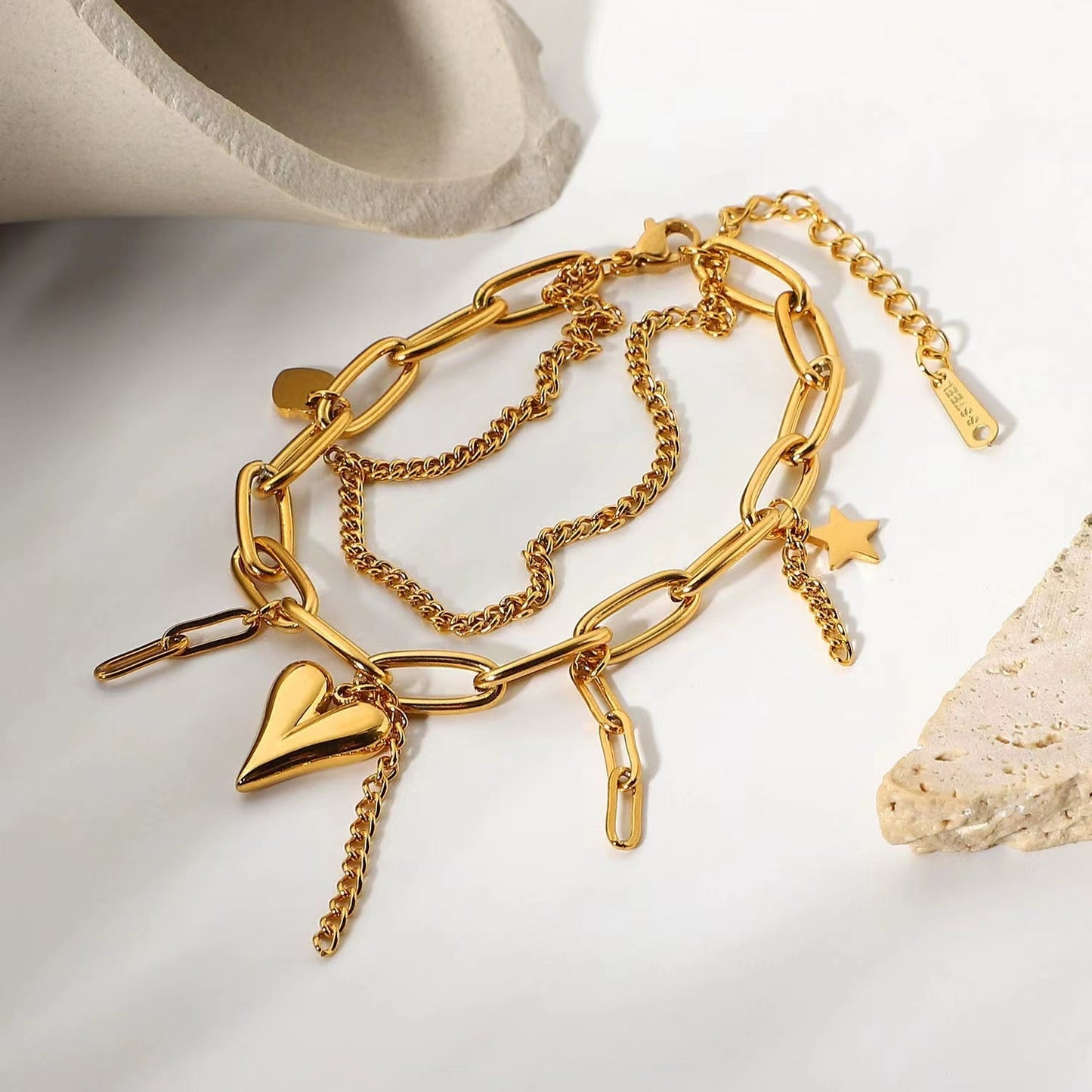 18KT Gold Plating two layers of bracelet with heart + star shape pendant