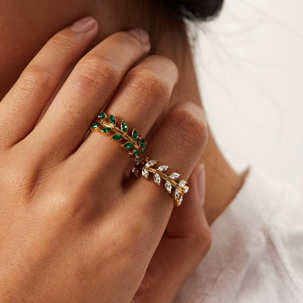 18K Gold Plating ring featuring leaves shape of CZ stone