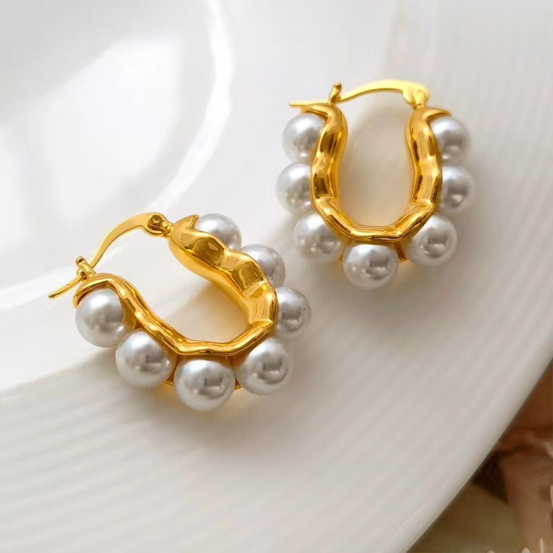 Retro U-shaped pearl earrings female summer niche design