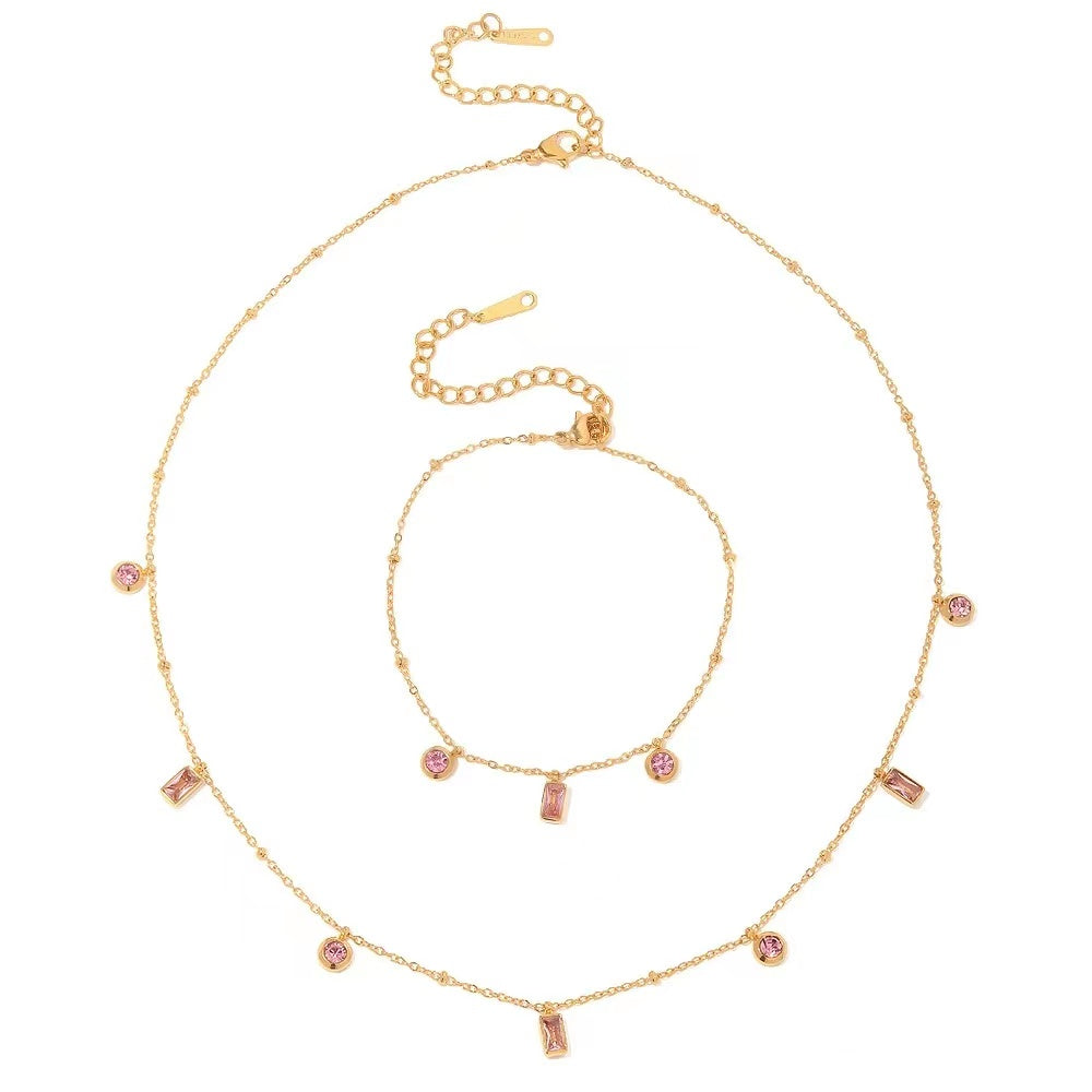A dazzling pink emerald-cut stone bracelet and necklace sets