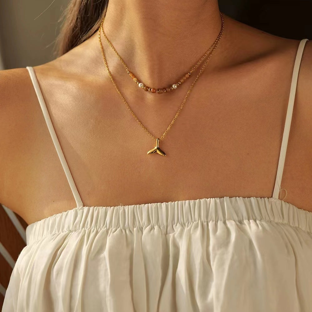 18K Gold plating fishtail pendant 2 layer necklace