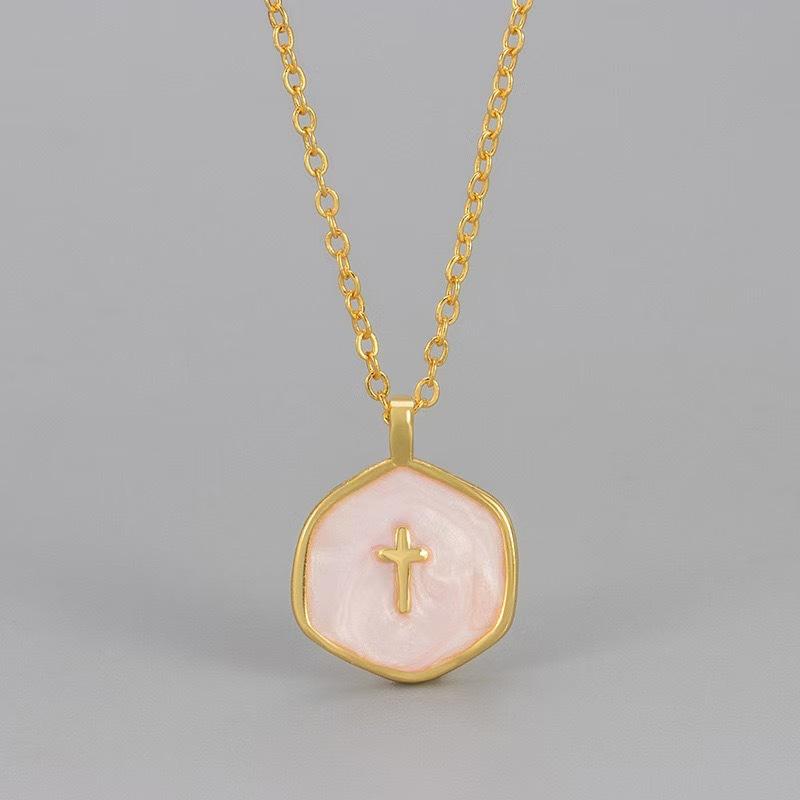 Women's Gold-Tone Stainless Steel Cross Pendant Necklace - Dainty Enamel Oil-Drip Round Disc, Simple Chain & Link Casual Female Costume Jewelry, Minimalist Daily Wear Accessory