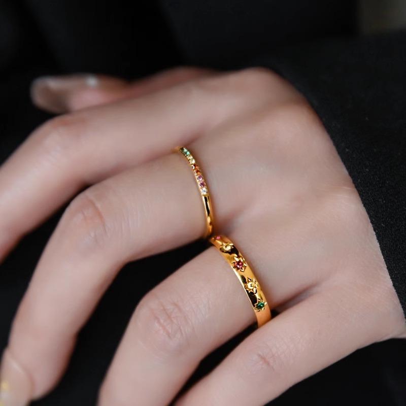Women's Gold Tone Titanium Steel Stackable Ring, Dainty Thin Band Inlaid Colorful Cubic Zirconia Ring, Minimalist Rainbow Gem Finger Ring, Fashion Costume Jewelry, Versatile Daily Dating Party Accessories