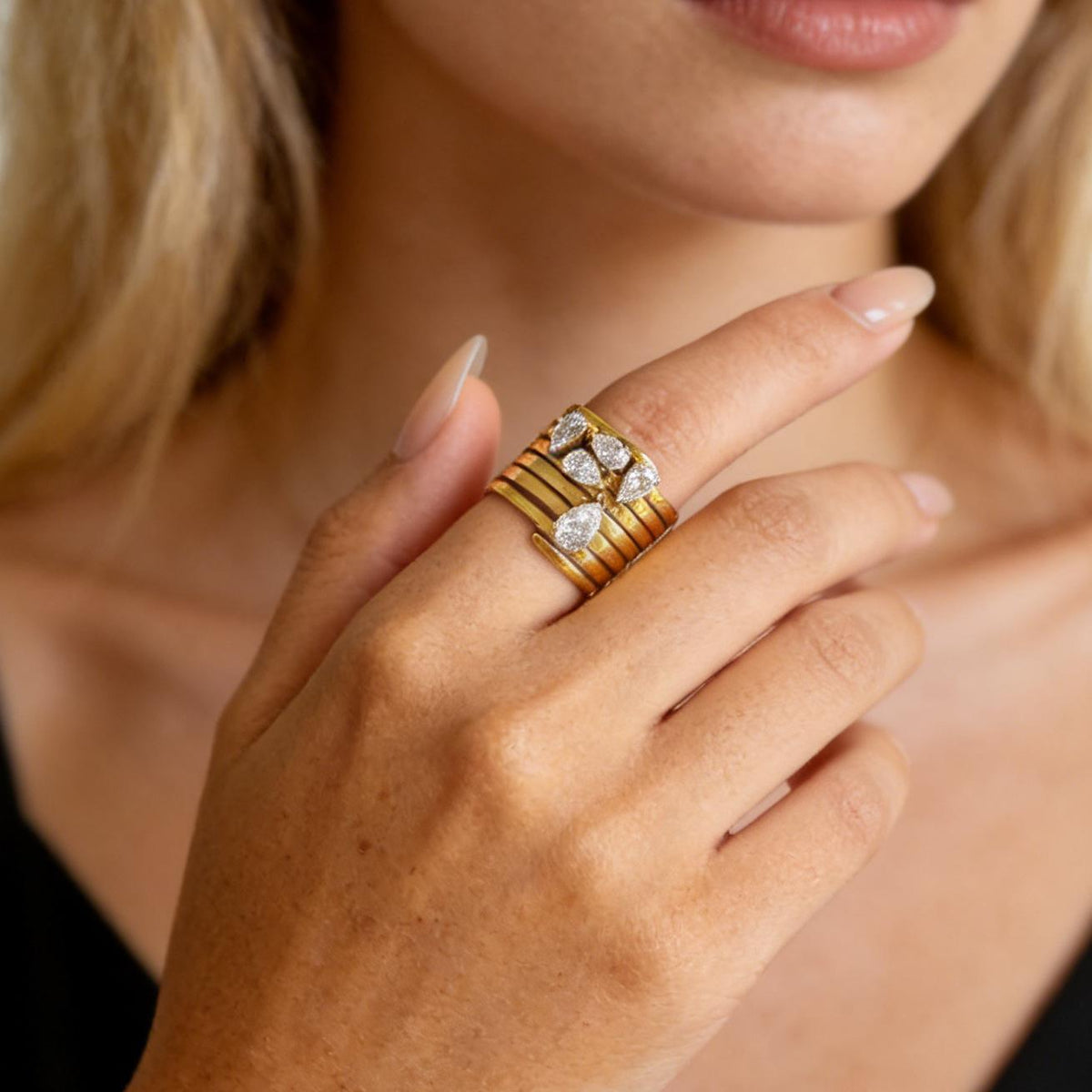 Women's Gold Color Stainless Steel Multi-Layered Water Drop Diamond Ring - Prong-Set Cubic Zirconia Stones, Layered Look Female Party Costume Jewelry Accessory