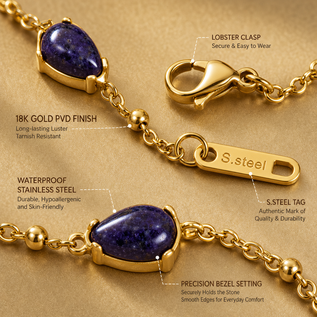 18K Gold PVD Plated Stainless Steel Teardrop Natural Gemstone Bracelet, Lapis Lazuli & Tiger's Eye Beaded Chain Bracelet, Waterproof Hypoallergenic Dainty Bracelet for Women, 2 Colors Available