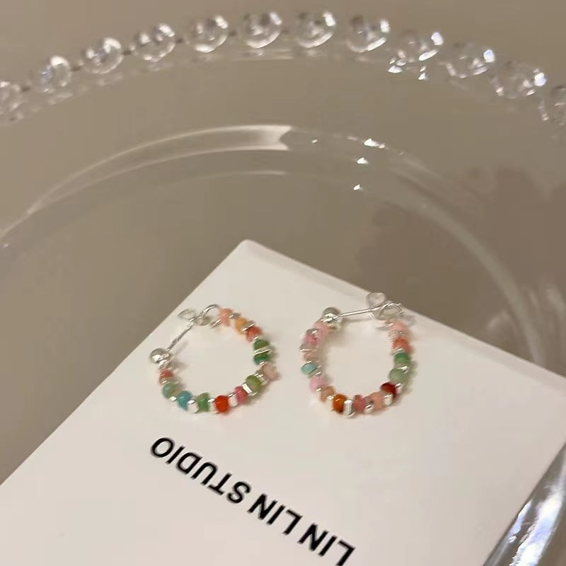 Colorful beaded broken silver earrings
