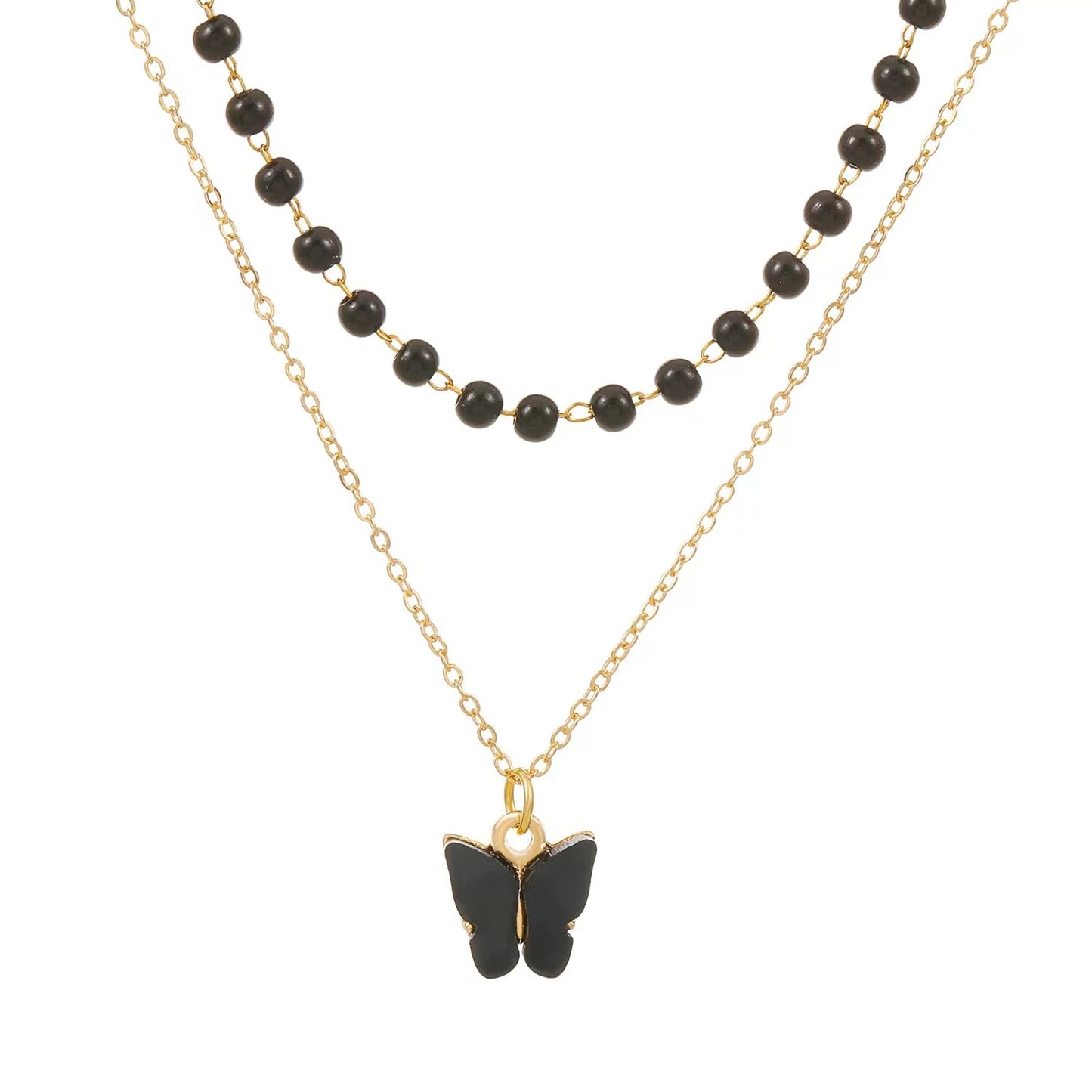 Black beads retro 2 layers ladies necklace