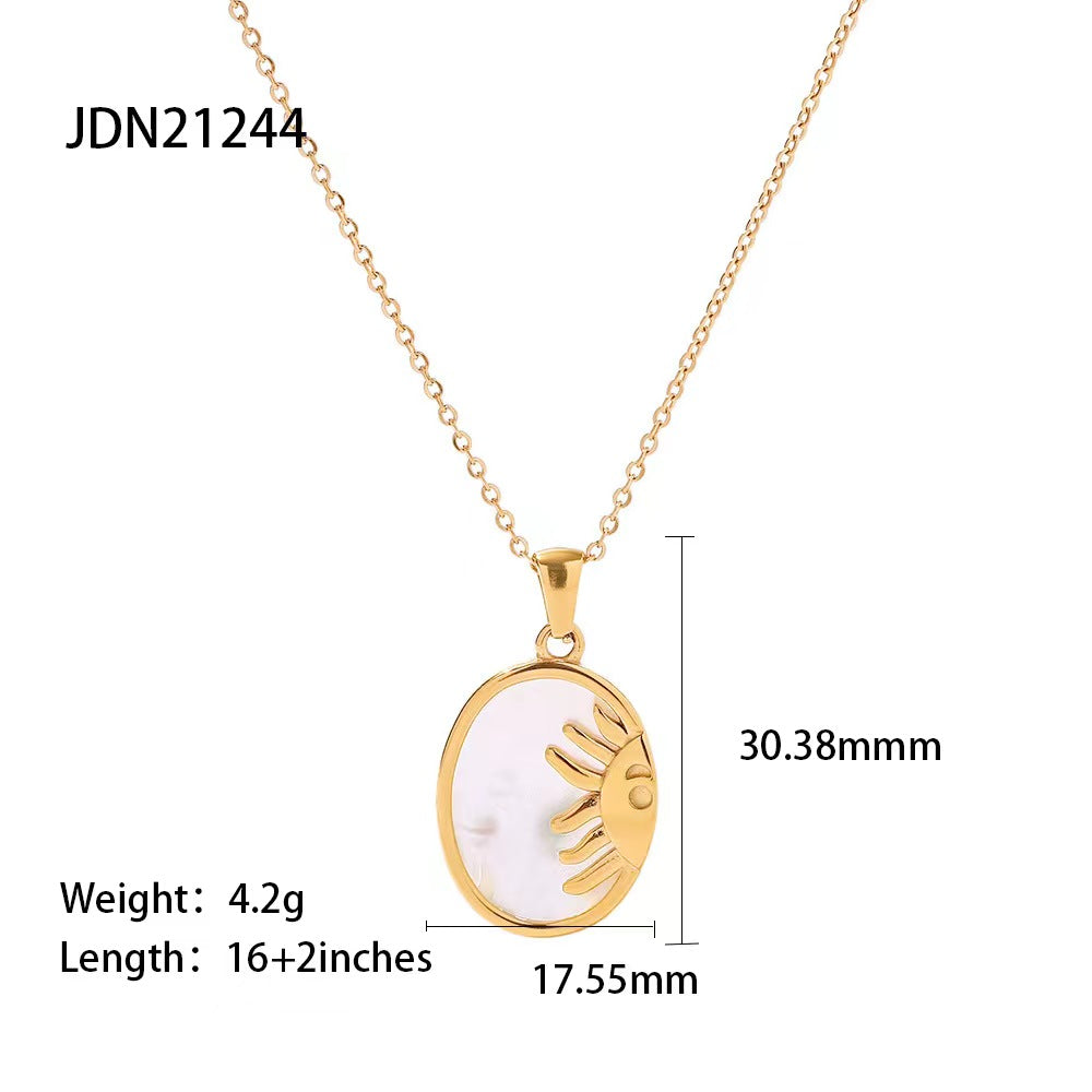 18k plating gold with pave Shell Necklace oval Sunm or Moon or face pendant necklace
