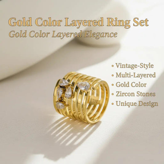 Women's Gold Color Stainless Steel Multi-Layered Water Drop Diamond Ring - Prong-Set Cubic Zirconia Stones, Layered Look Female Party Costume Jewelry Accessory