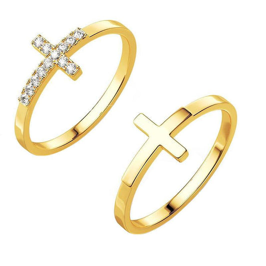 Cross Promise Rings for Couples - 14K Gold-Plated Copper, Zircon Accents, 6G Unisex Size Matching Pairs, European Look, Gold-Plated Shimmer, Colorfast, Hypoallergenic, No Stone Loss, Elegant Personalized Casual Wear Gift