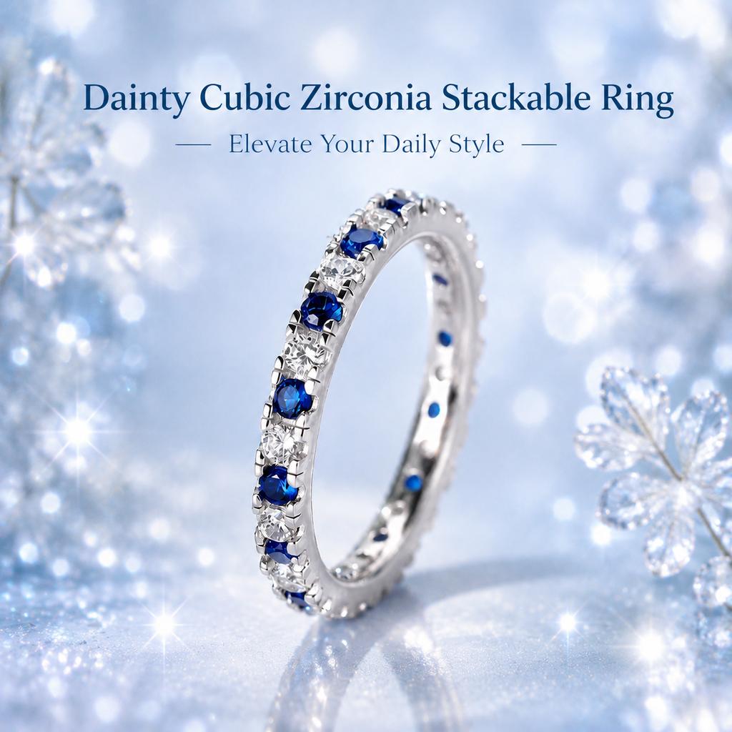 Women's Silver Tone Copper Stackable Band Ring, Full Circle Inlaid Blue & Clear Cubic Zirconia Finger Ring, Dainty Eternity Fashion Costume Jewelry, Trendy Accessories for Dating Party Daily Wear