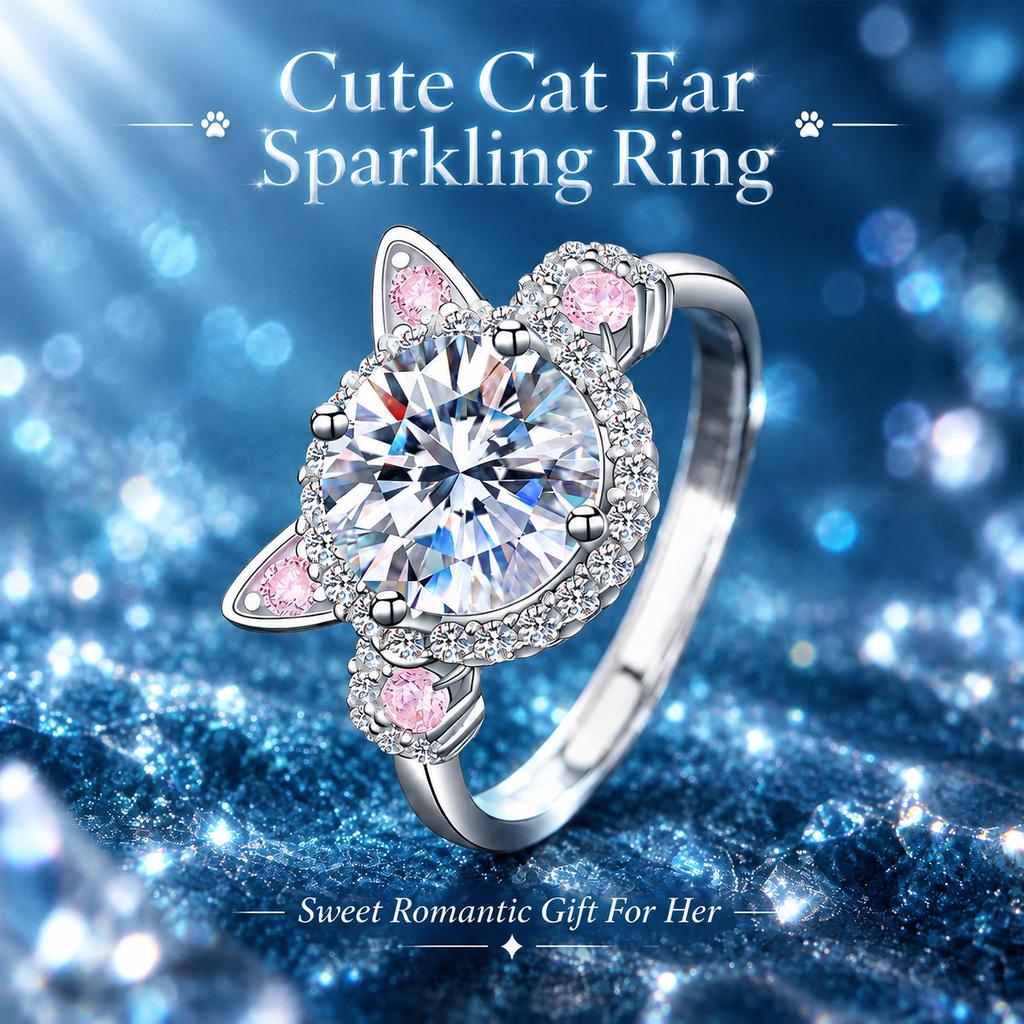 Women's Cute Cat Ear Open Band Ring, Inlaid Sparkling Cubic Zirconia Adjustable Finger Ring, Sweet Pink Accent Fashion Costume Jewelry, Versatile Party Dating Accessories for Ladies