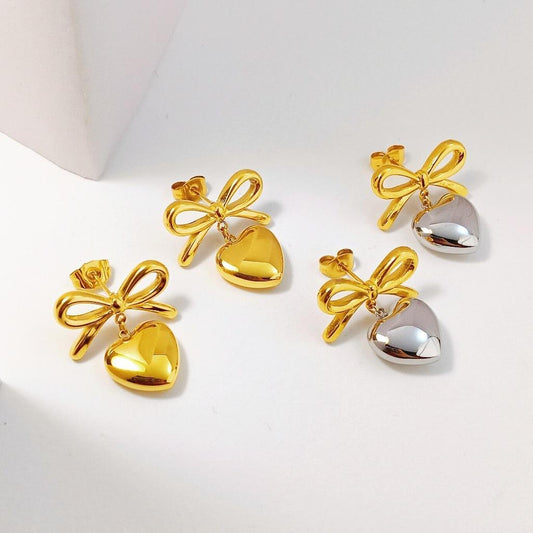 Women's B376 Heart Knot Stud Earrings - Stainless Titanium Steel Fashion Costume Jewelry for Female, Gold + Silver Heart Shape Non-Fading Motif Accessories