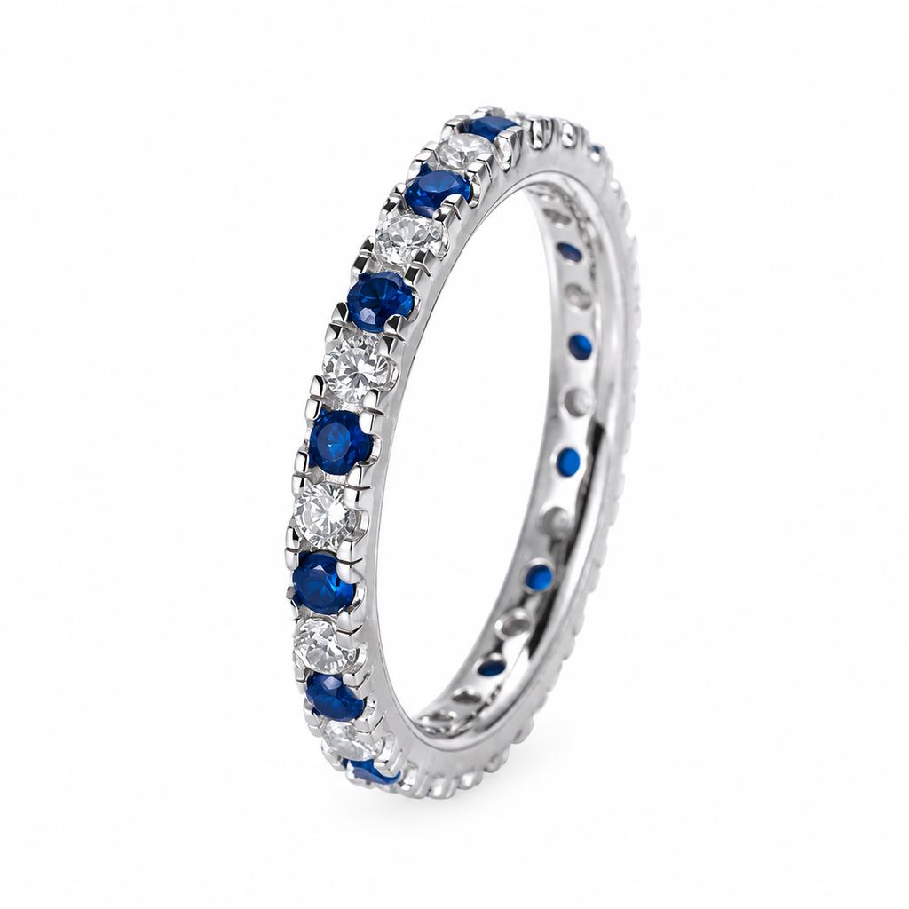 Women's Silver Tone Copper Stackable Band Ring, Full Circle Inlaid Blue & Clear Cubic Zirconia Finger Ring, Dainty Eternity Fashion Costume Jewelry, Trendy Accessories for Dating Party Daily Wear