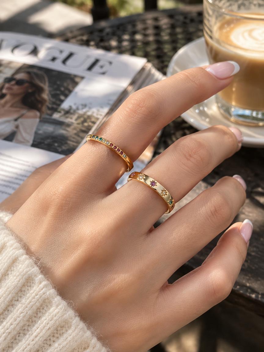 Women's Gold Tone Titanium Steel Stackable Ring, Dainty Thin Band Inlaid Colorful Cubic Zirconia Ring, Minimalist Rainbow Gem Finger Ring, Fashion Costume Jewelry, Versatile Daily Dating Party Accessories