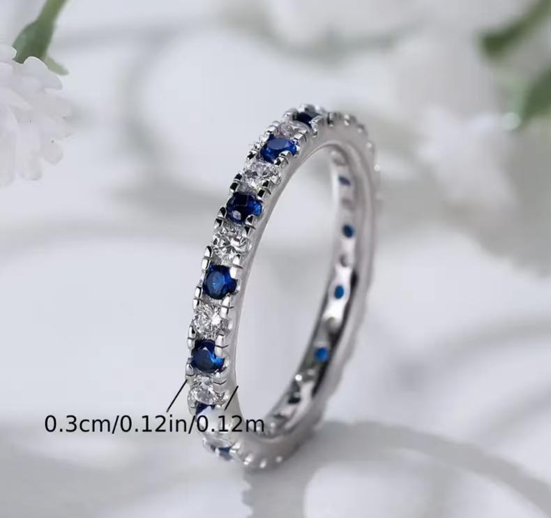 Women's Silver Tone Copper Stackable Band Ring, Full Circle Inlaid Blue & Clear Cubic Zirconia Finger Ring, Dainty Eternity Fashion Costume Jewelry, Trendy Accessories for Dating Party Daily Wear