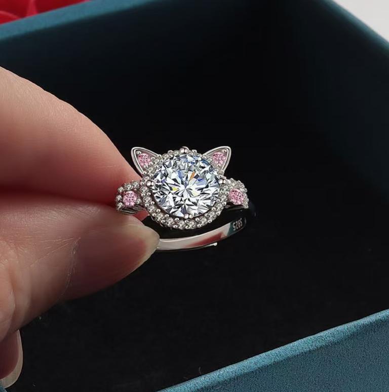 Women's Cute Cat Ear Open Band Ring, Inlaid Sparkling Cubic Zirconia Adjustable Finger Ring, Sweet Pink Accent Fashion Costume Jewelry, Versatile Party Dating Accessories for Ladies