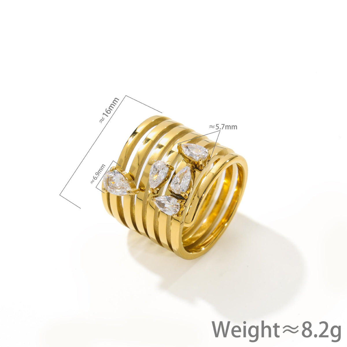 Women's Gold Color Stainless Steel Multi-Layered Water Drop Diamond Ring - Prong-Set Cubic Zirconia Stones, Layered Look Female Party Costume Jewelry Accessory